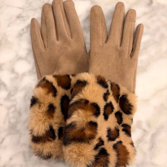 Unbranded Accessories - Faux Suede Gloves Leopard Print Faux Fur Cuffs Mob Wife Old Money 90s Luxury S-M